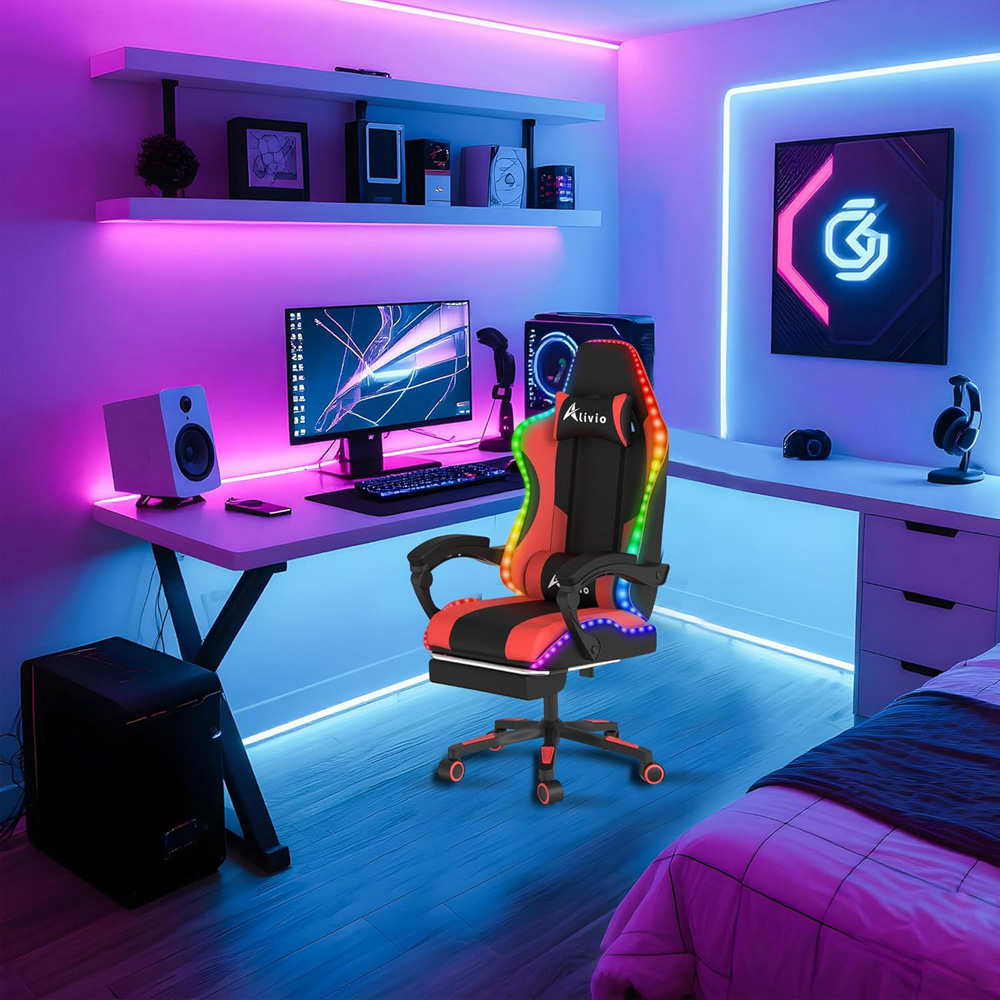 Alivio Red PU Leather Wireless App Control LED Gaming Chair with Massage Lumbar Cushion Image 4