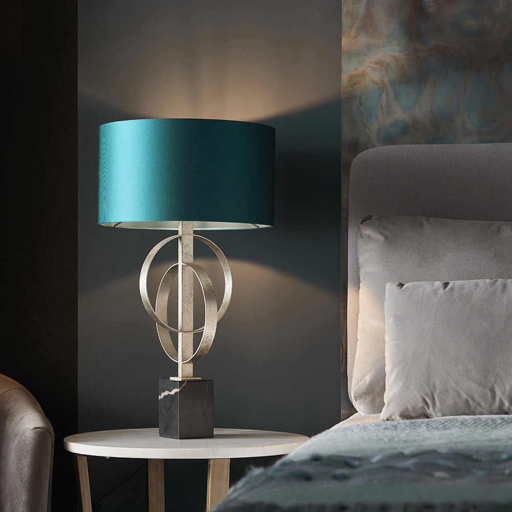 Merano Trento Antique Silver and Teal Satin Fabric Table Lamp Image 2