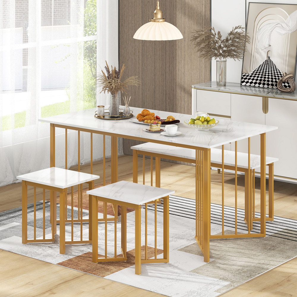 Costway 4 Seater Dining Set with Bench and Stools White and Golden Image 1