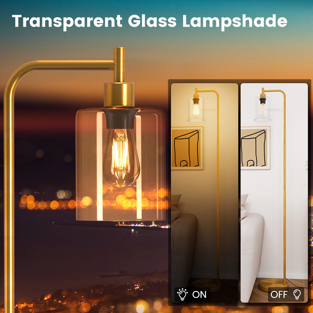 Costway Golden Industrial Floor Lamp with Hanging Glass Lampshade Image 7