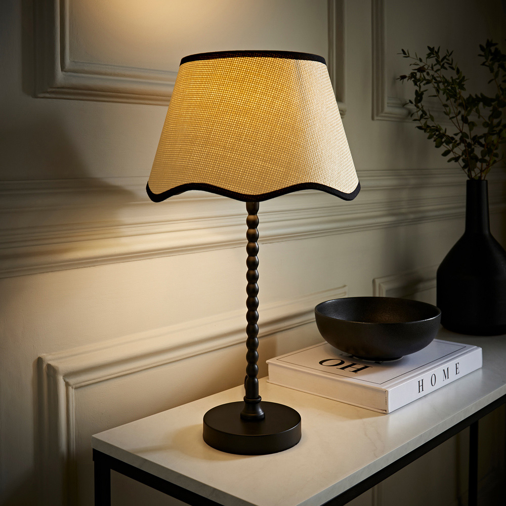 ValueLights Maeve Scallop Black Trim Drum Shade Bobbin Table Lamp and LED Bulb Image 2