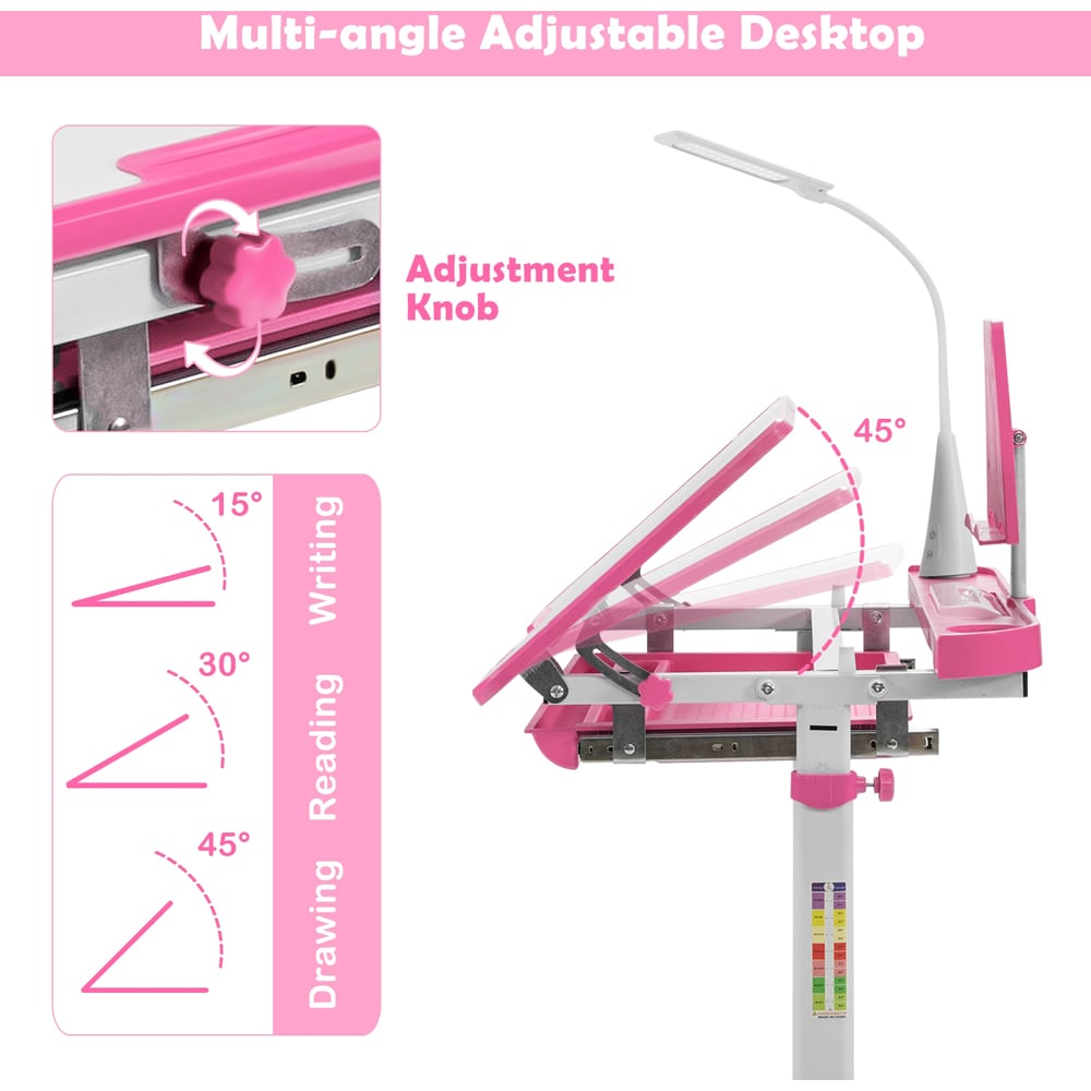 Costway Adjustable Kids Tilted Desk Set with Lamp Pink Image 6