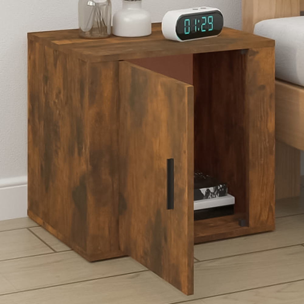 vidaXL Single Door Smoked Oak Wooden Bedside Cabinet Image 1