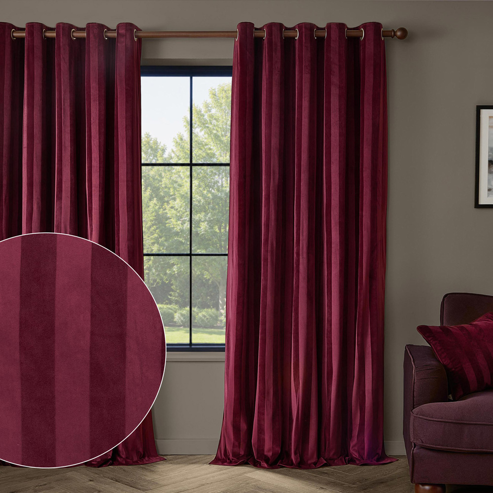 Paoletti Regency Burgundy Stripe Velvet Lined Eyelet Curtains 168 x 229cm Image 6