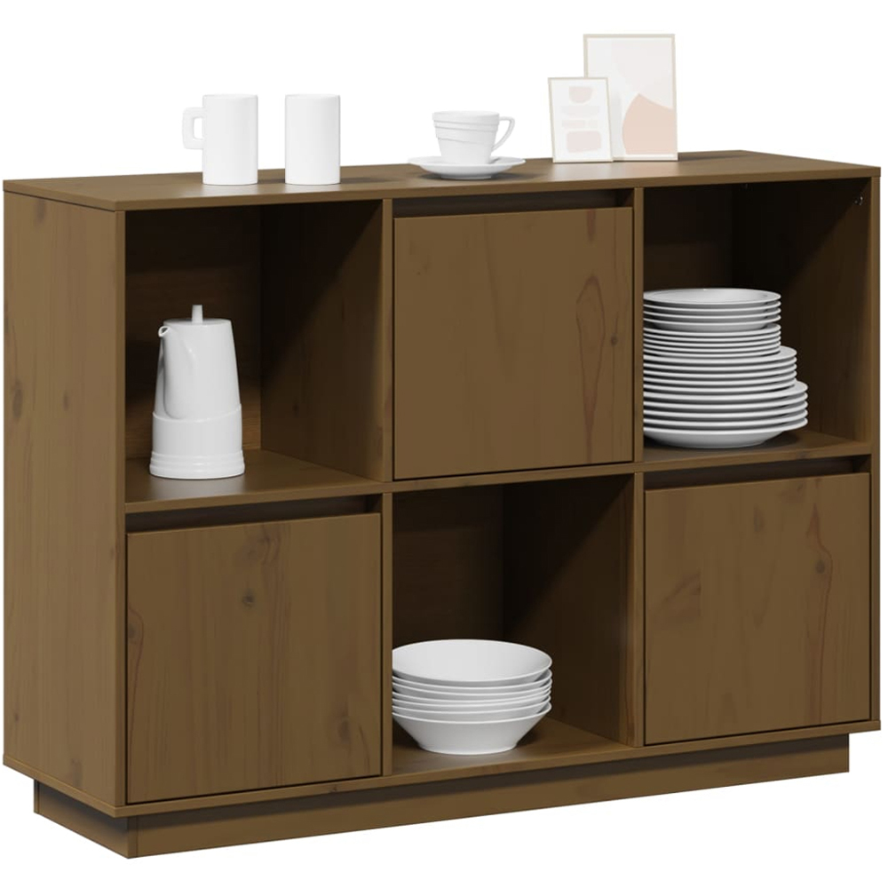 vidaXL 3 Door 3 Shelf Honey Brown Solid Wood Pine Sideboard Image 4