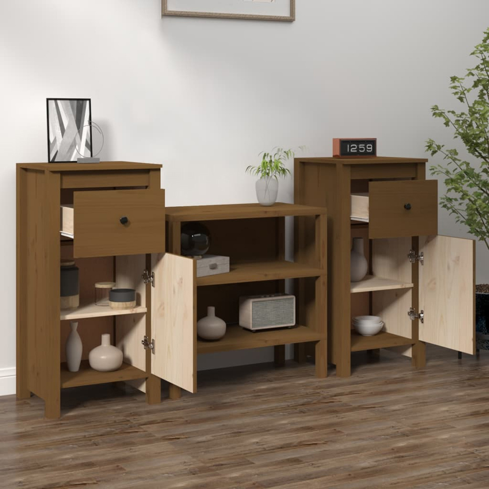vidaXL Single Door Single Drawer Honey Brown Pine Wood Sideboard Image 3