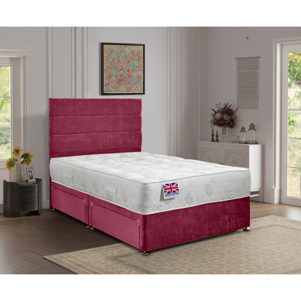 Eleganza Home Repose Single Maroon Plush Velvet 2 Drawer Divan Bed with Lined Headboard Image 2