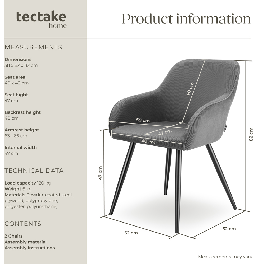 tectake Marilyn Set of 2 Grey and Black Corduroy Padded Dining Chair Image 9