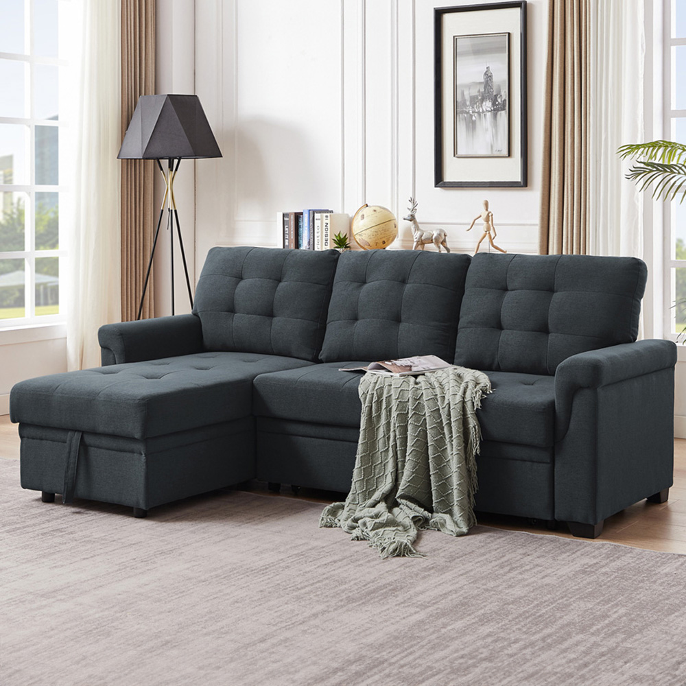 Furniture One 3 Seater Dark Grey Linen Corner Storage Sofa Bed Image 1