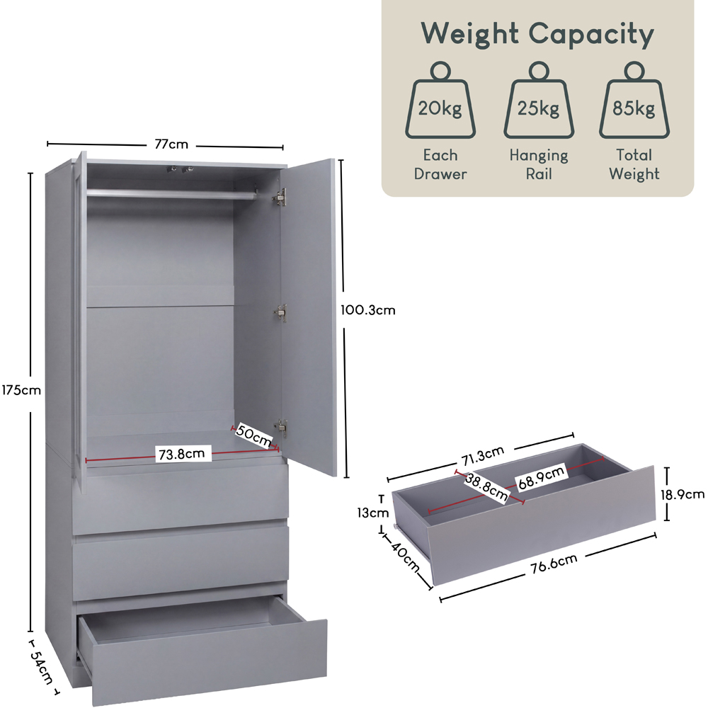 VIDA DESIGNS Denver 2 Door 3 Drawer Grey Mirrored Wardrobe Image 9