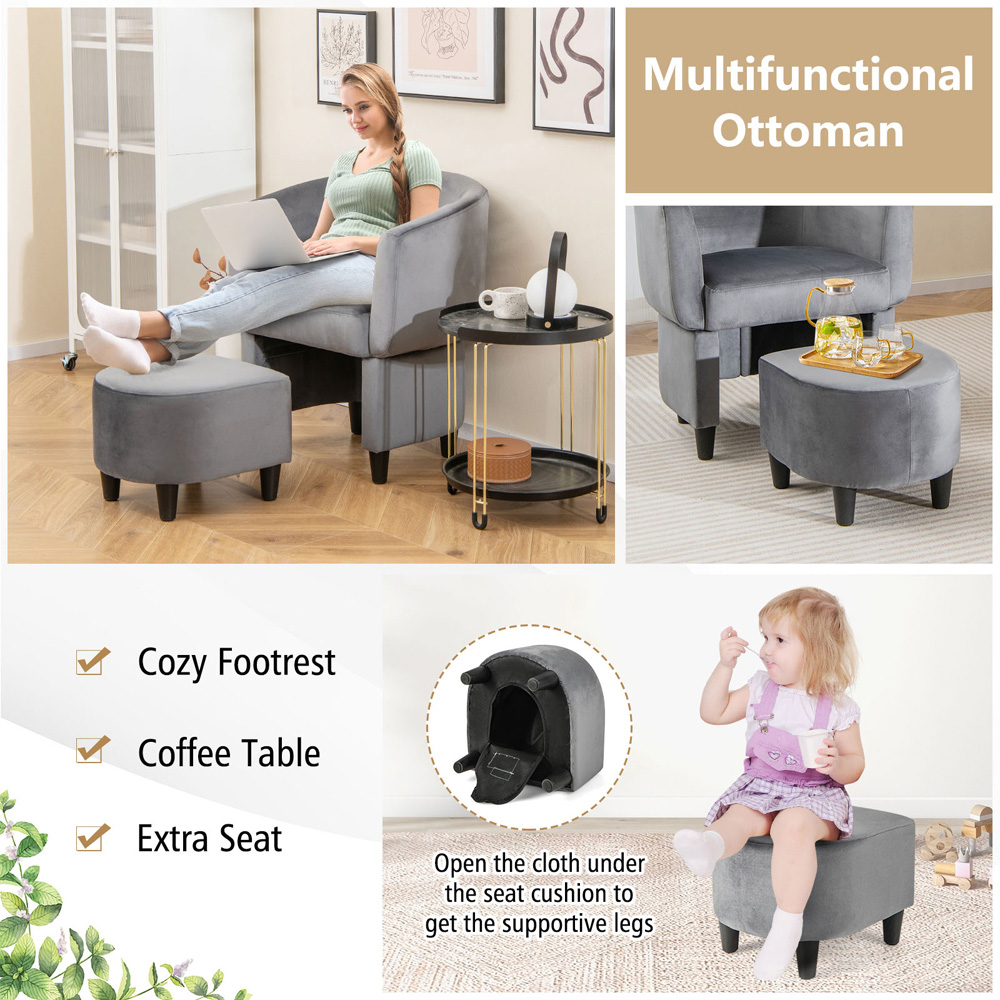 Costway Grey Upholstered Velvet Armchair with Ottoman Image 4