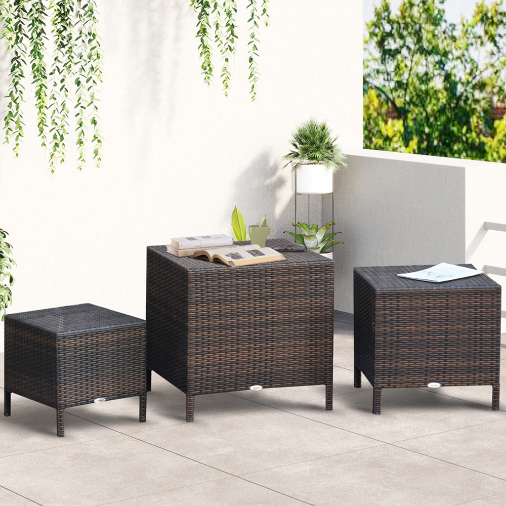 Outsunny Brown Rattan Nest of Tables Set of 3 Image 1