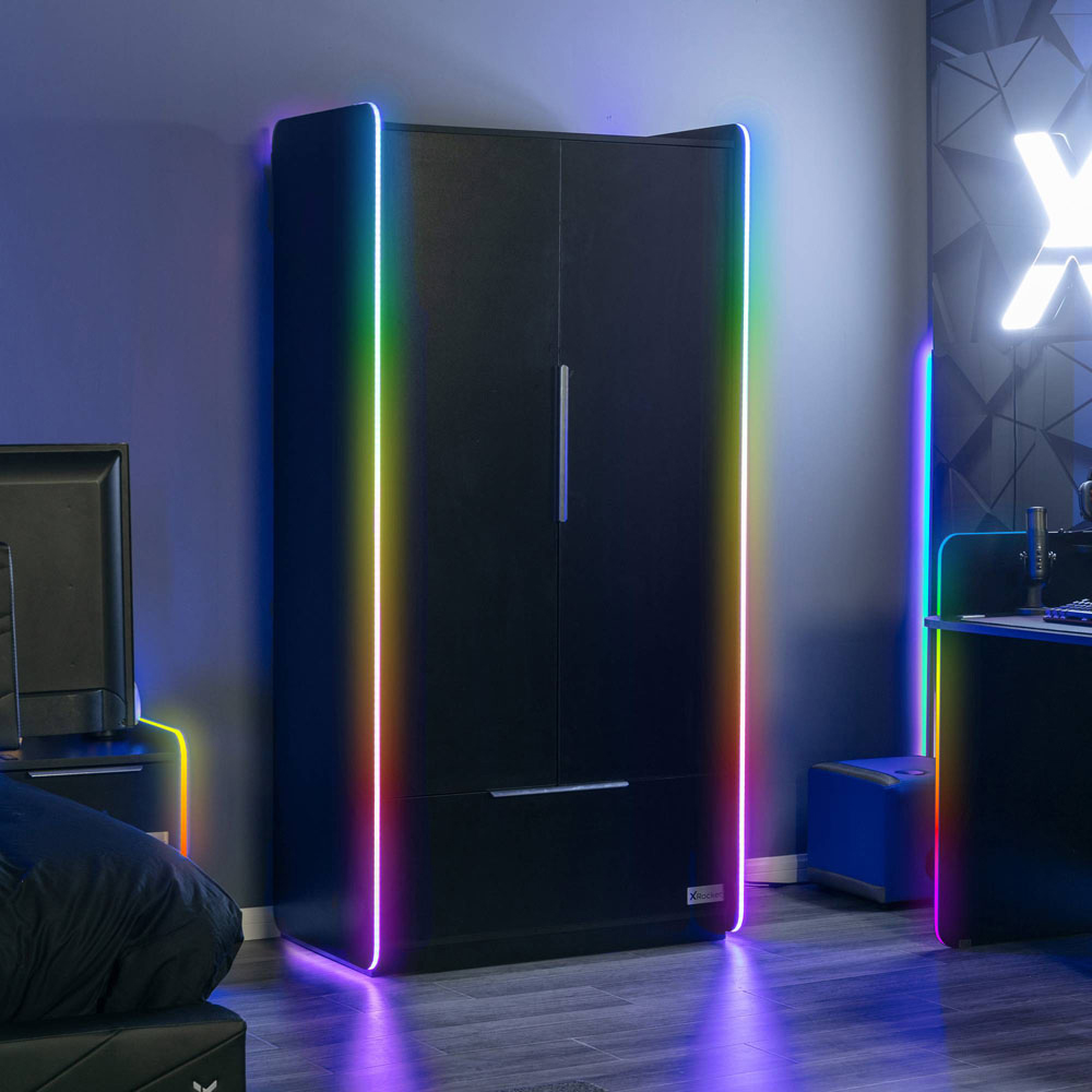 X Rocker Electra 2 Door Single Drawer Black LED Wardrobe Image 2