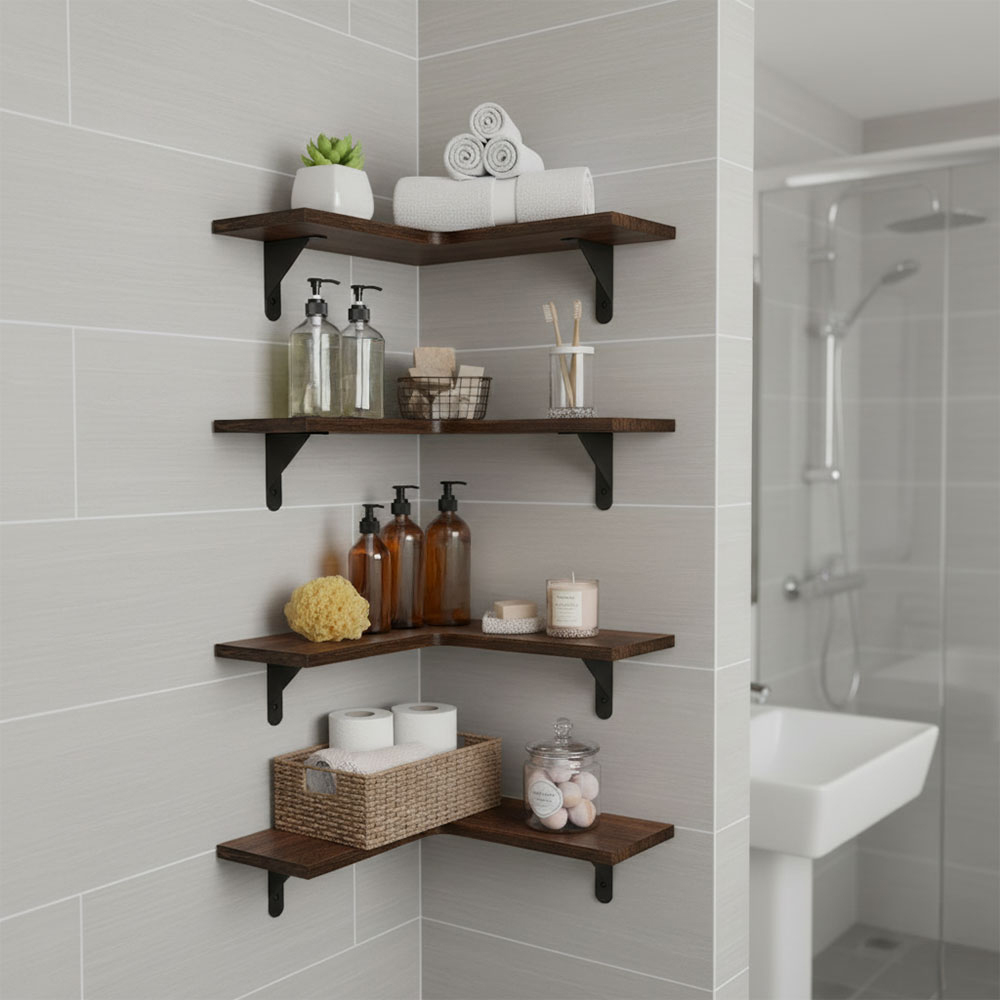 Living and Home 4 Piece Brown L-Shaped Wall-Mounted Shelf Image 8