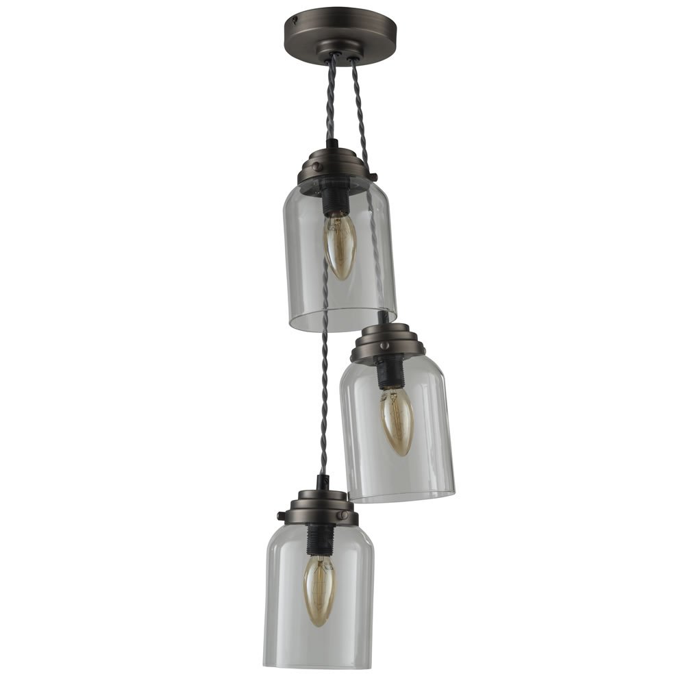 Wilko Pewter Triple Glass Pewter Industrial Pendant Light Shade Image 3