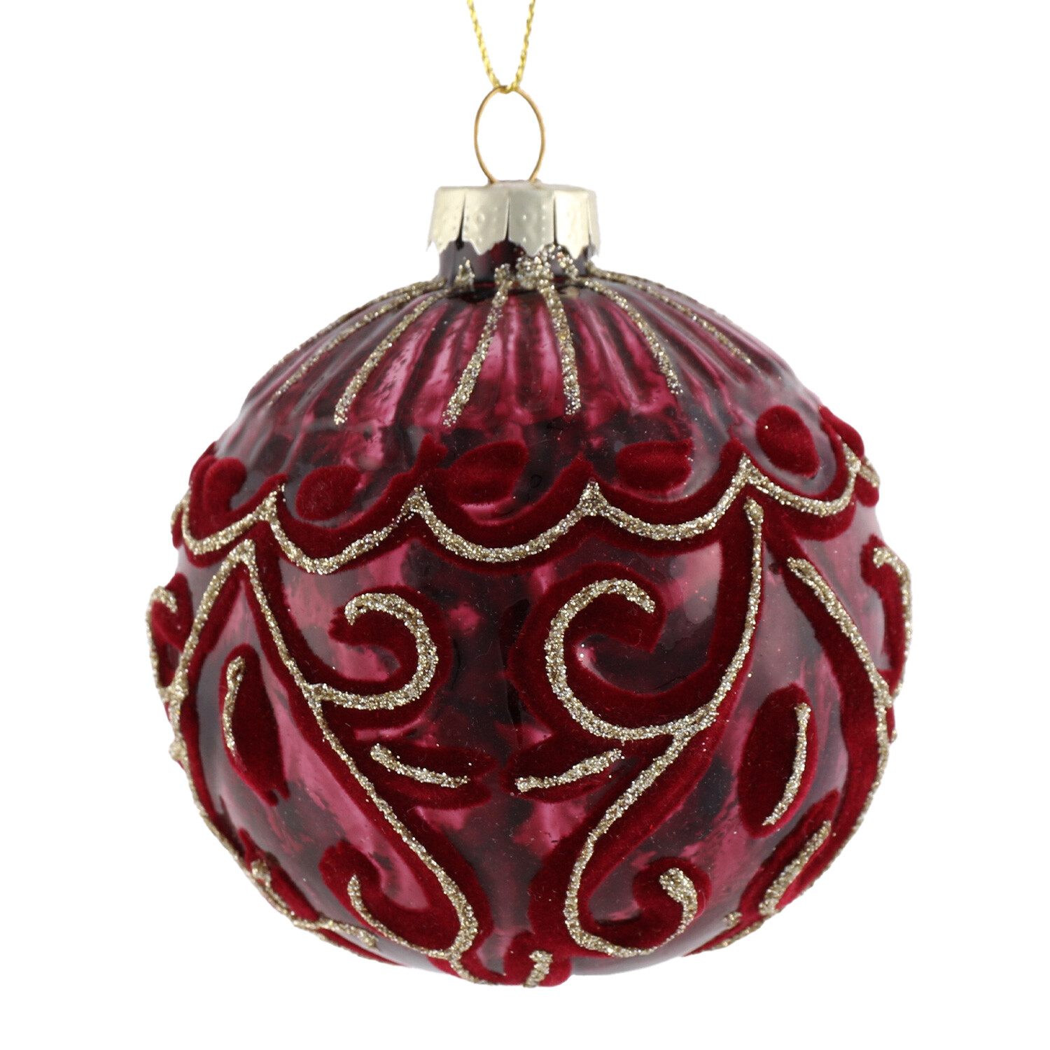 Burgundy Detailed Flocked Bauble - Red Image 2