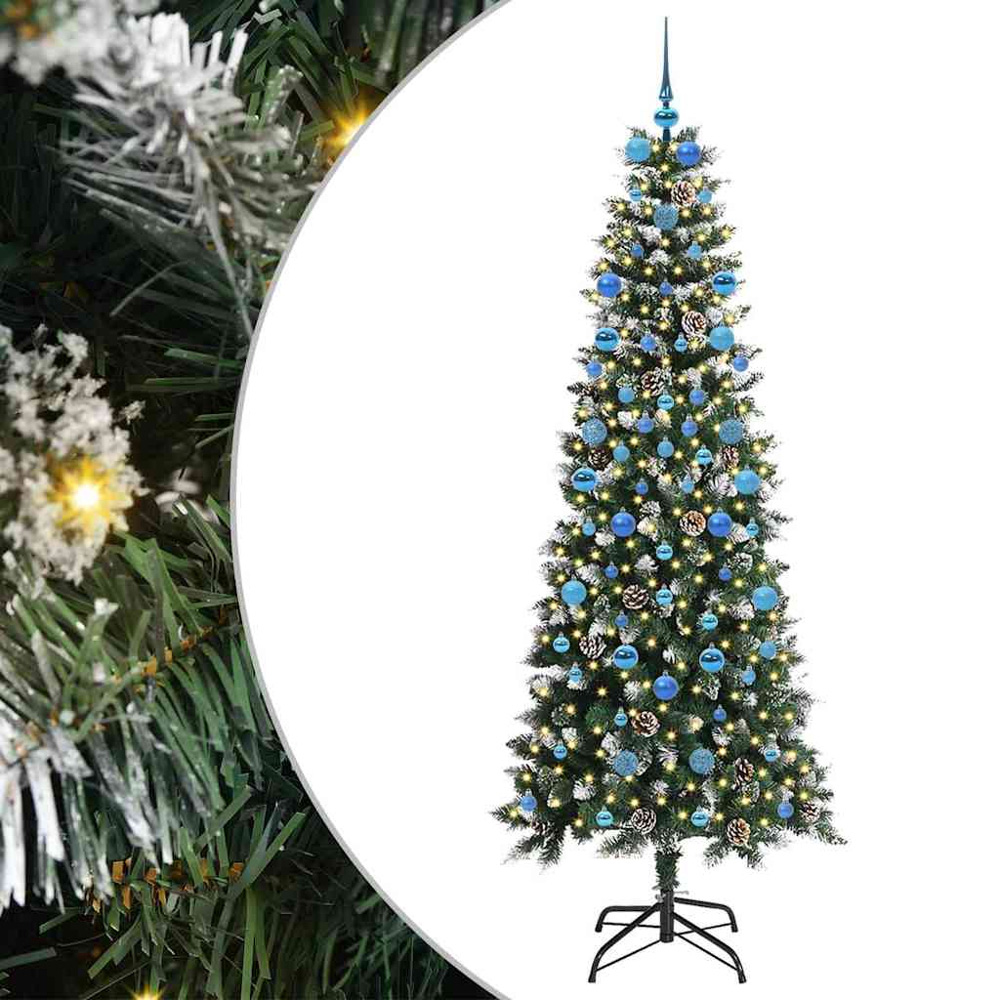 vidaXL Pre-Lit Blue Baubles Green Artificial Snow Tipped Christmas Tree 7ft Image 2