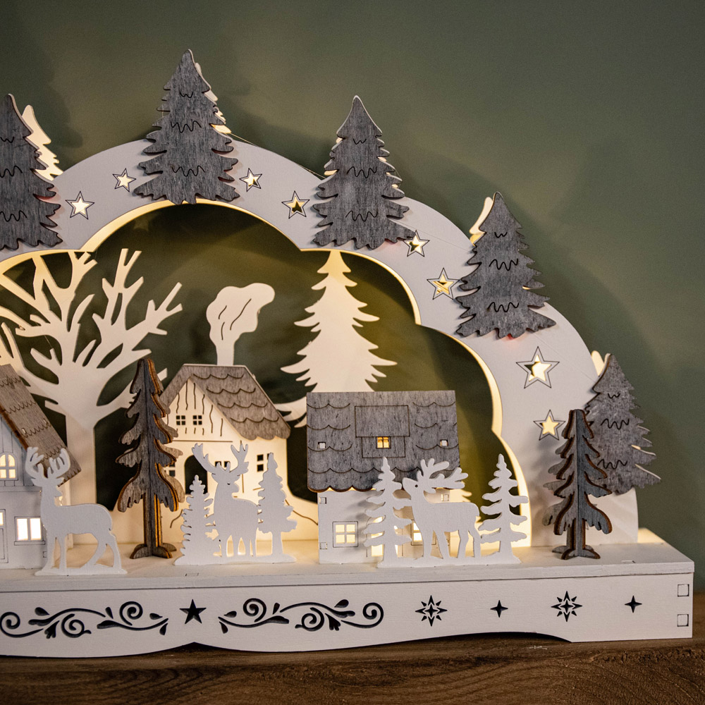Samuel Alexander White Wooden Christmas Candle Bridge with Reindeer and Village Scene Image 3