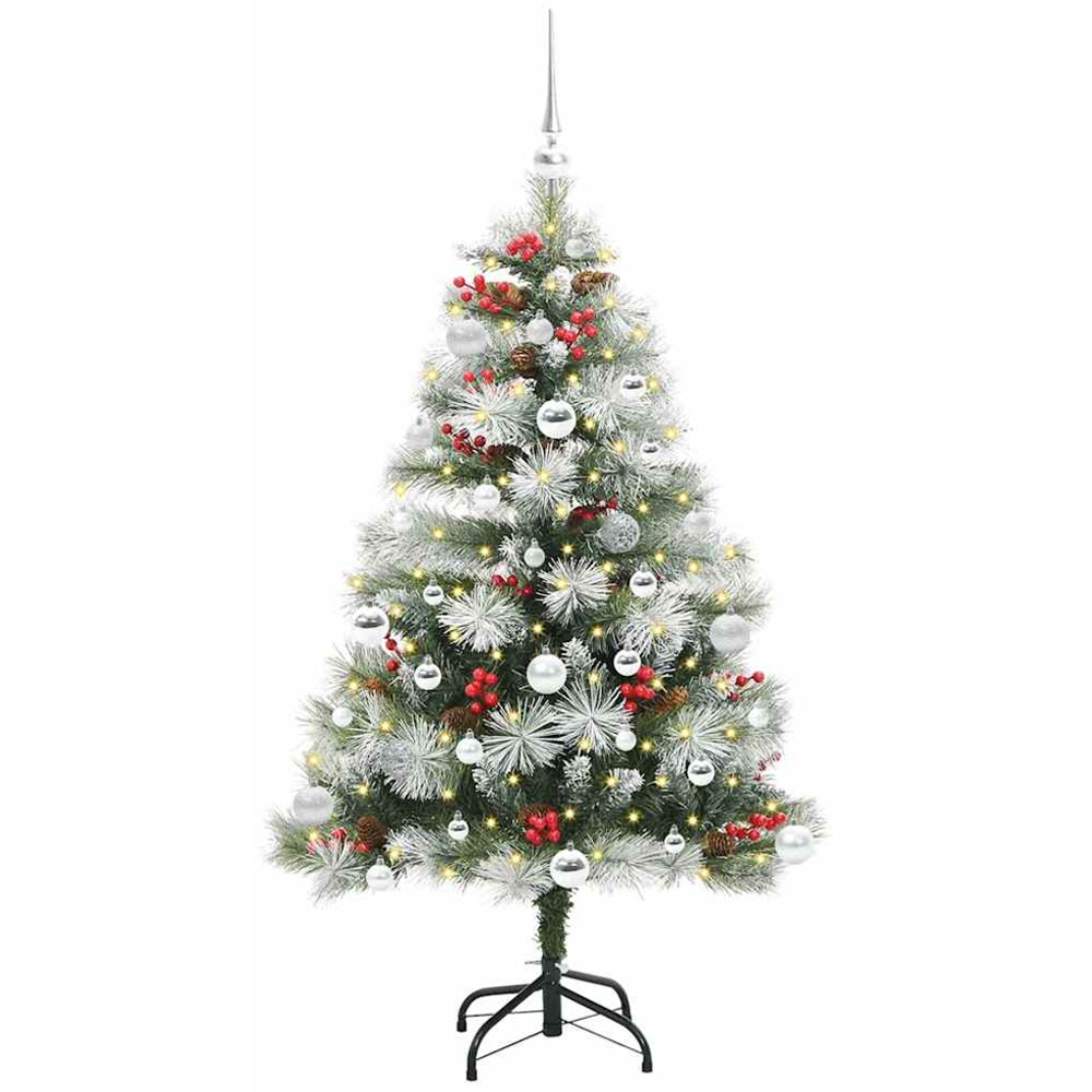 vidaXL Pre-Lit Silver Baubles Green Artificial Snow Flocked Christmas Tree 5ft Image 1