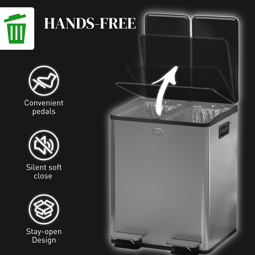 HOMCOM Silver Dual Compartment Pedal Kitchen Bin 40L Image 6