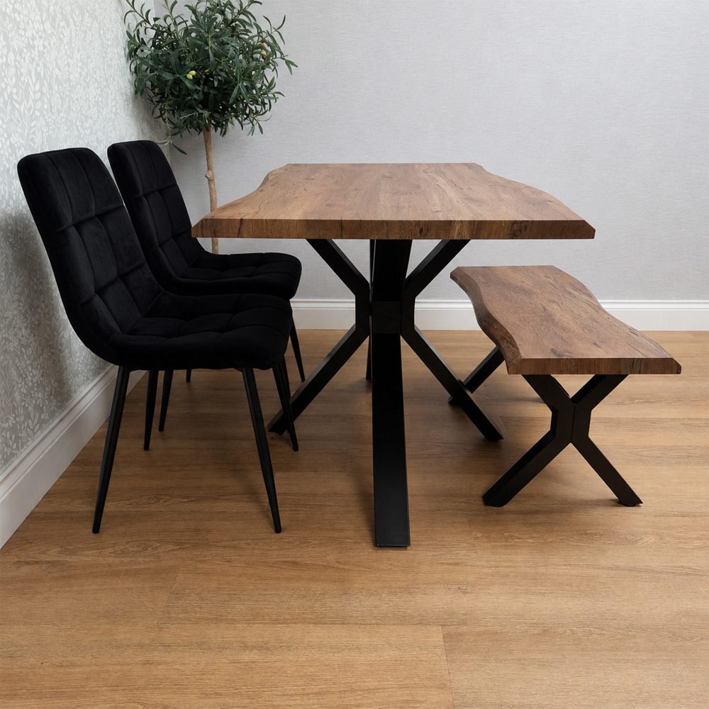 Kosy Koala 4 Seater Wooden Effect Velvet Dining Set with Bench Black Image 1