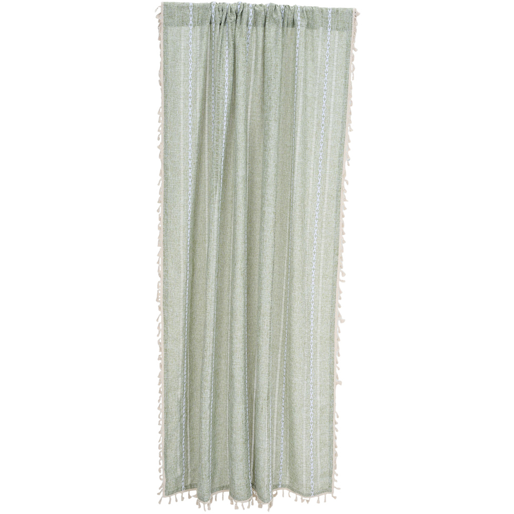 Living and Home Light Green Boho Tassel Faux Linen Curtain 132 x 260cm Image 3