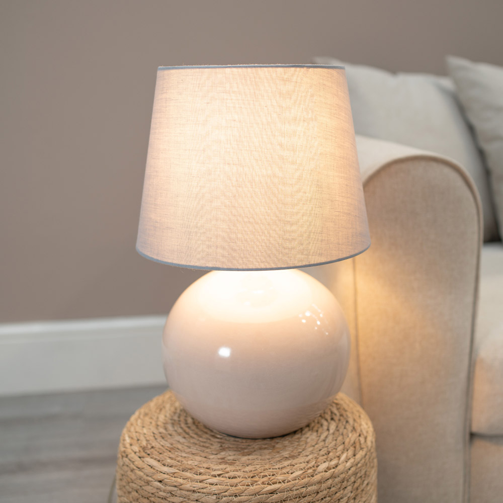 ValueLights Bosco Natural Stone Grey Fabric Tapered Shade Ceramic LED Table Lamp Image 2