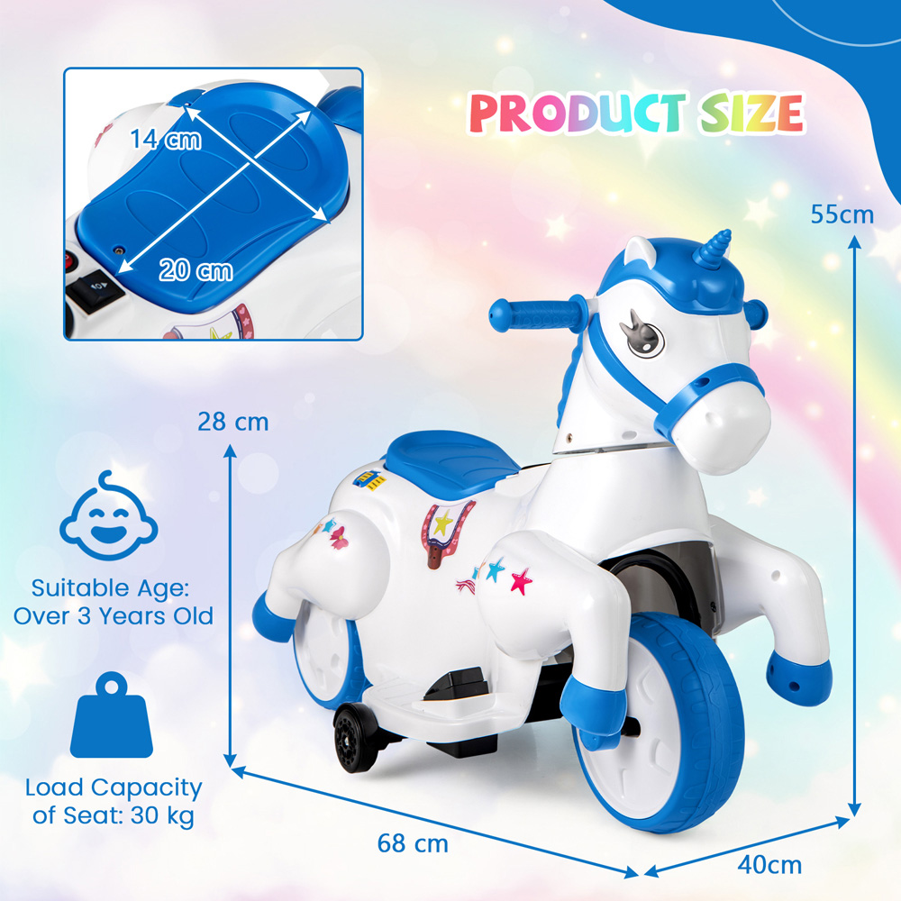 Costway Kids Blue and White Unicorn Ride On Toy with Training Wheels 12V Image 8