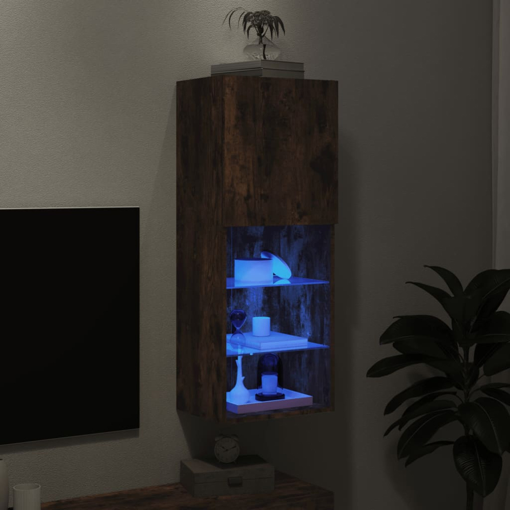 vidaXL Single Door 3 Shelf Smoked Oak Wall Mounted LED TV Cabinet Image 5