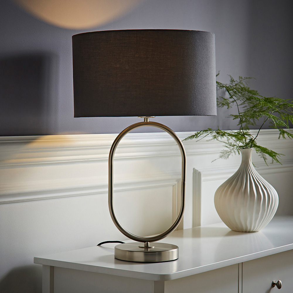ValueLights Antonia Charcoal Fabric Drum Lamp Shade Brushed Chrome Oval LED Table Lamp Image 6
