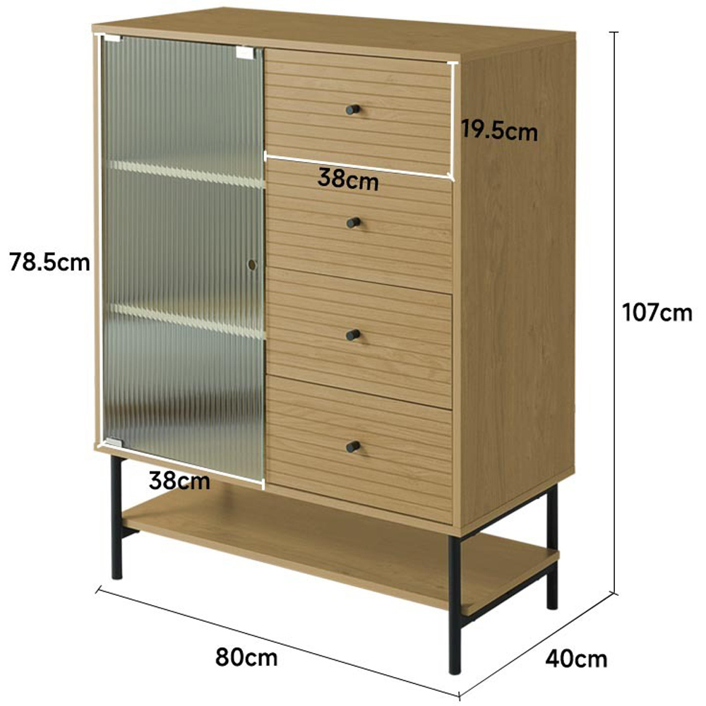 H&O Direct Single Door 4 Drawer Single Shelf Fluted Glass Wooden Storage Cabinet Image 7