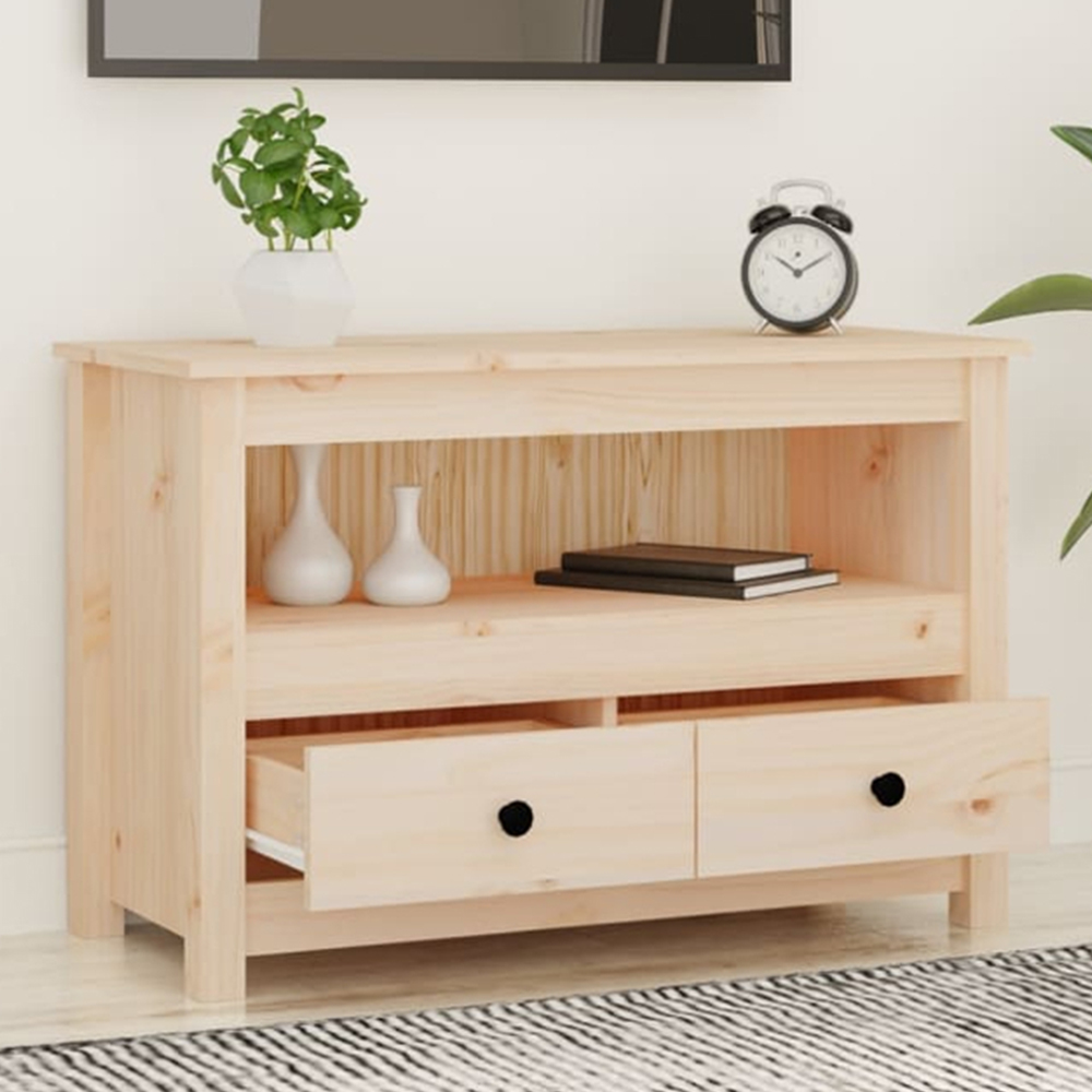 vidaXL 2 Drawer Single Shelf Natural Solid Pine Wood TV Cabinet Image 1