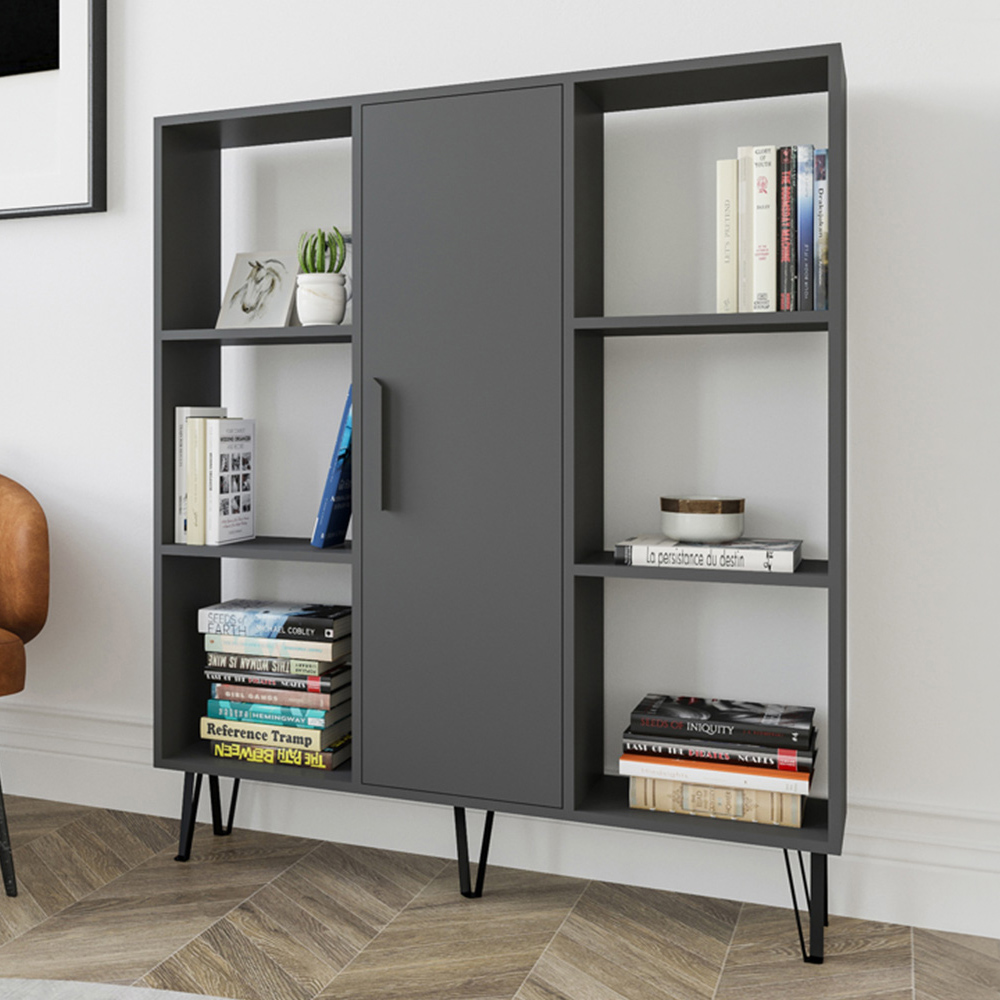 Decorotika Peoria Single Door 6 Shelf Anthracite Bookcase Image 1