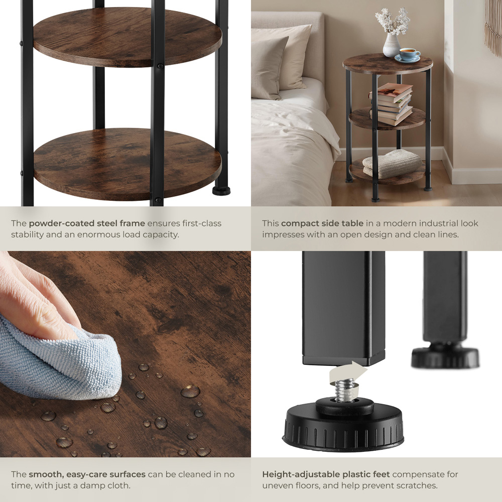 Tectake Colchester 2 Shelf Rustic Dark Wood Round Bedside Table Image 5