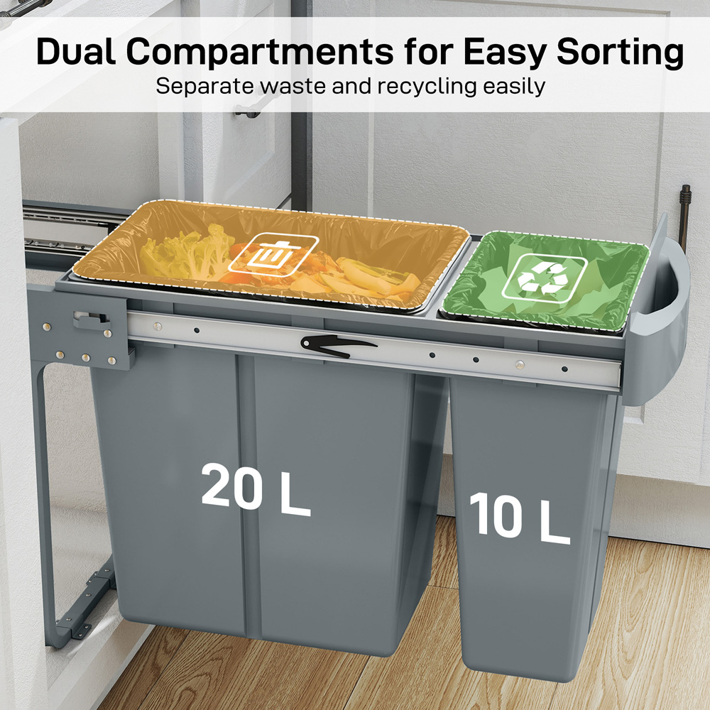 HOMCOM 2 Compartment Grey Metal Under-Sink Kitchen Recycling Bin 30L Image 4