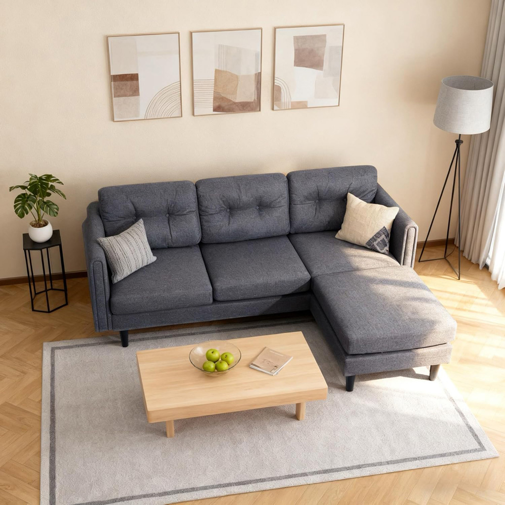 Alivio 4 Seater Grey Linen Fabric Modern L-Shaped Sectional Sofa with Movable Chaise Image 4