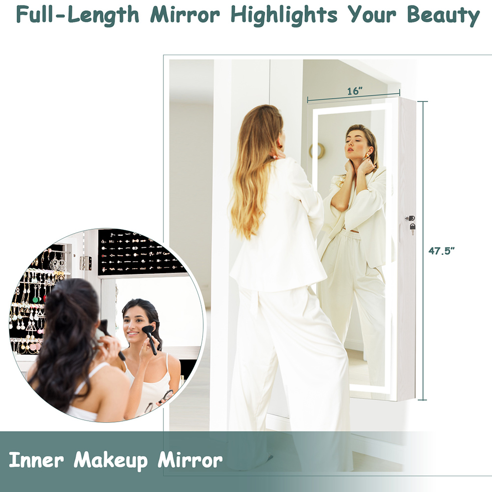 Costway Single Door White LED Mirror Wall Mounted Hanging Jewellery Cabinet Image 4