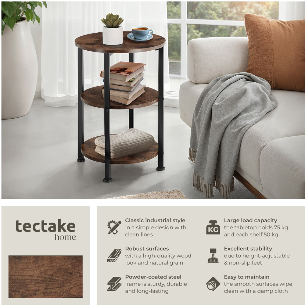 Tectake Colchester 2 Shelf Rustic Dark Wood Round Bedside Table Image 3