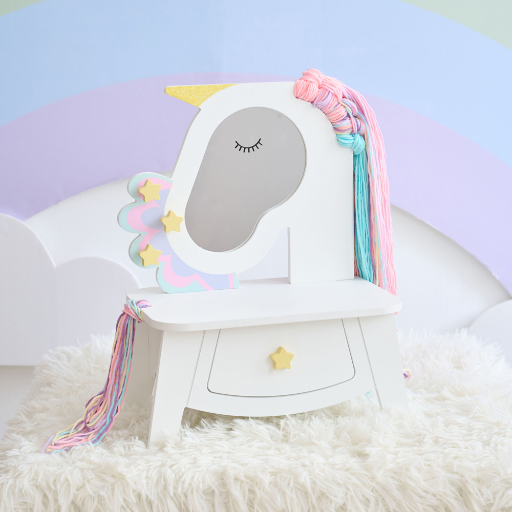 Teamson Kids Dreamy Unicorn White Tabletop Vanity with Real Wool Hair Image 7
