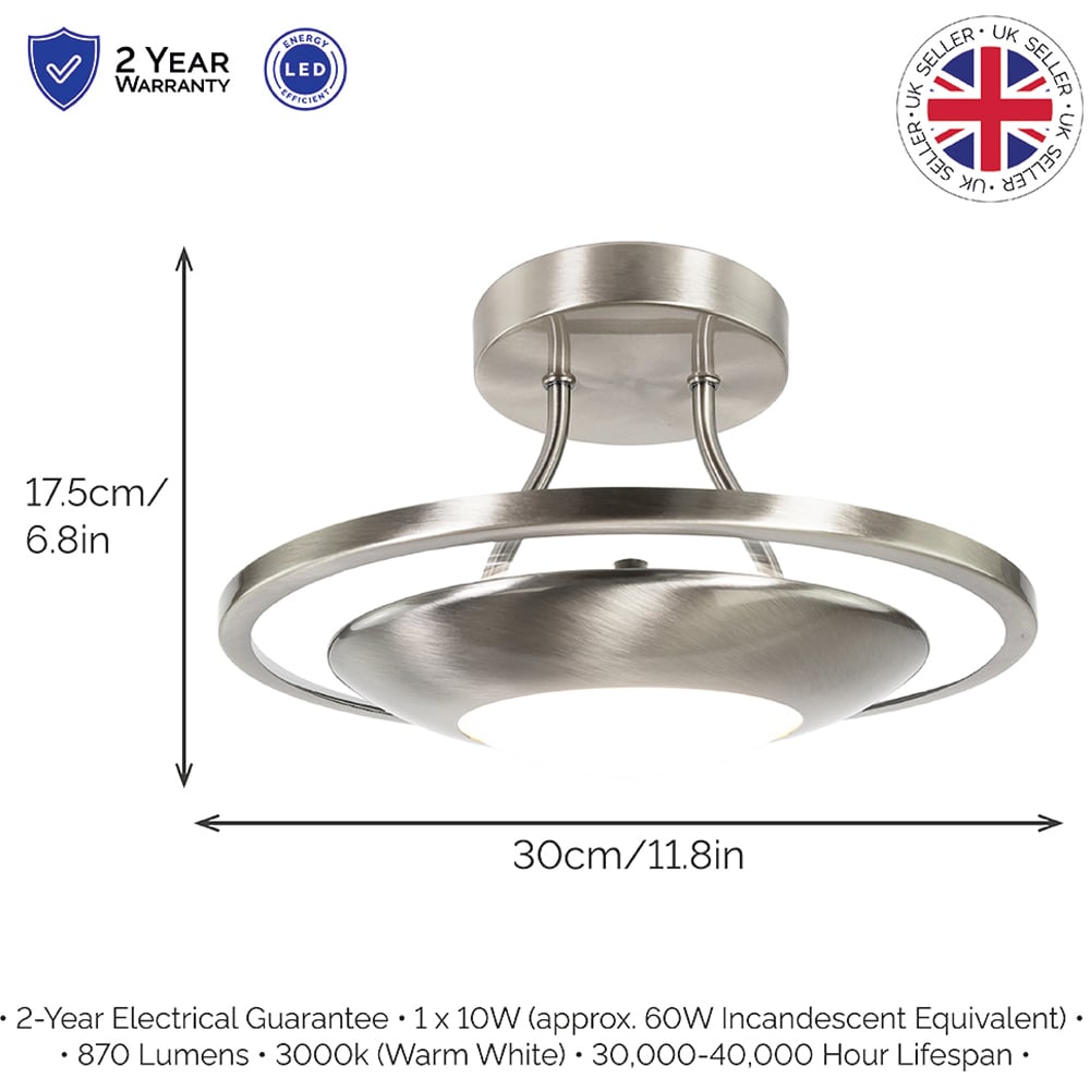 Happy Homewares Satin Nickel LED Semi Flush Ceiling Light Image 7