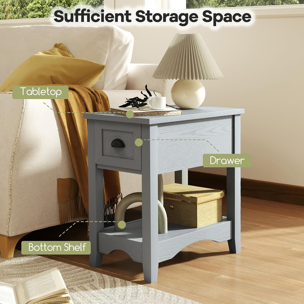 Costway Single Drawer Single Shelf Grey Rectangular Nightstand 2 Pack Image 4