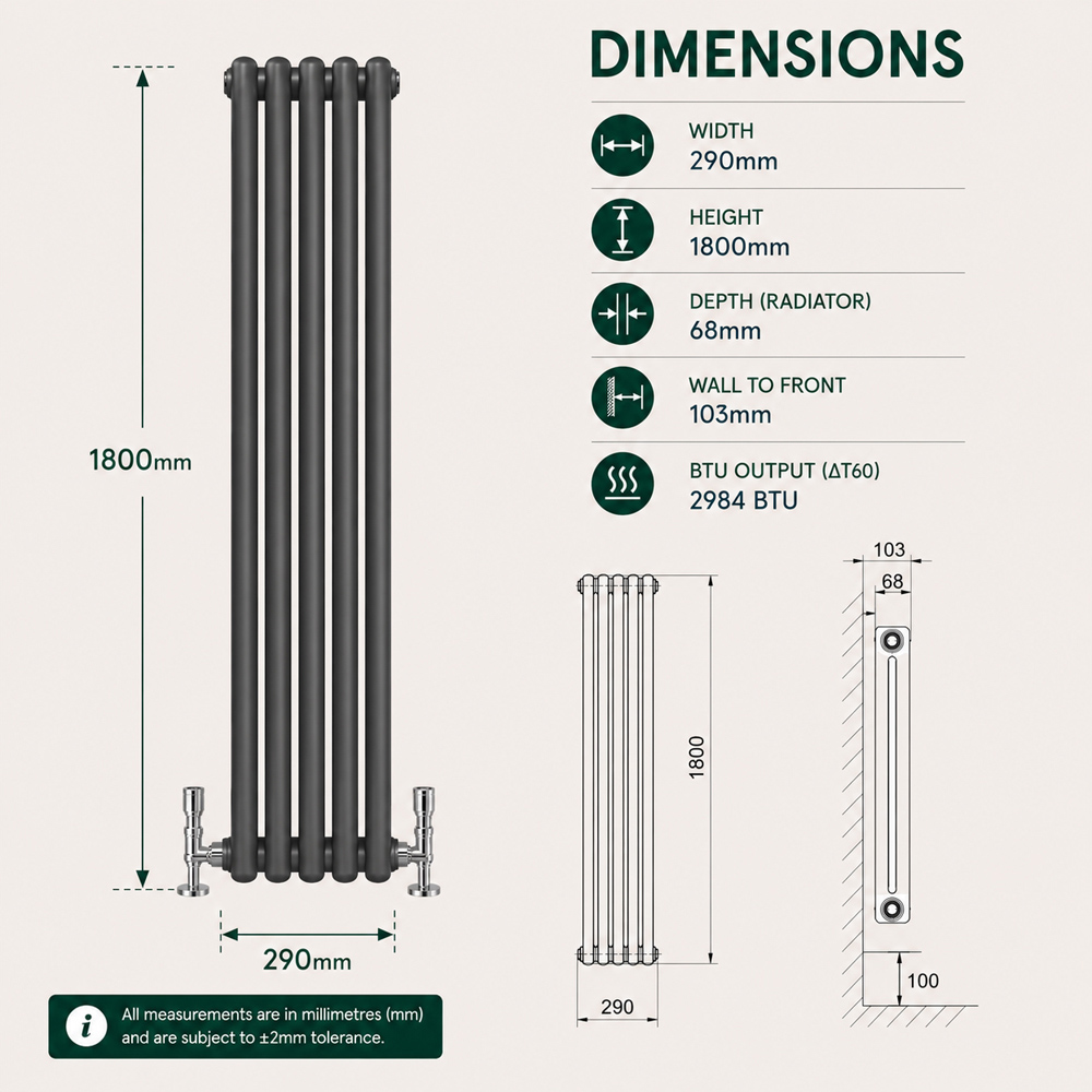 Go Bathrooms Uxbridge Anthracite Vertical Traditional Colosseum Radiator 1800 x 290mm Image 7