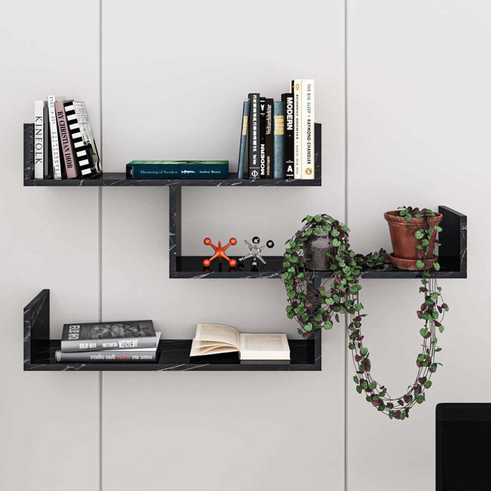 Decortie Tibet Black Marble Effect 3 Tier Wall Mounted Bookcase Display Unit Image 1