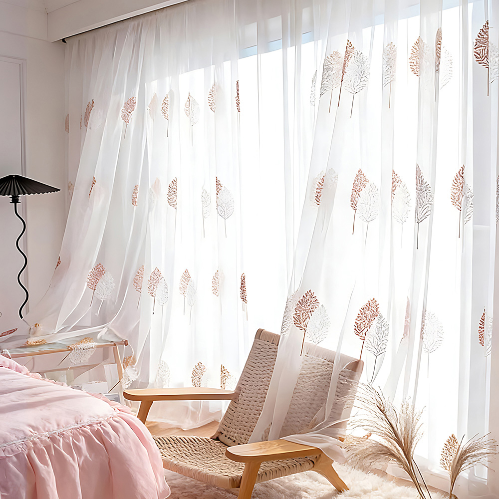 Living and Home Semi-Sheer Embroidered Leaf Curtains 130 x 210cm Image 7