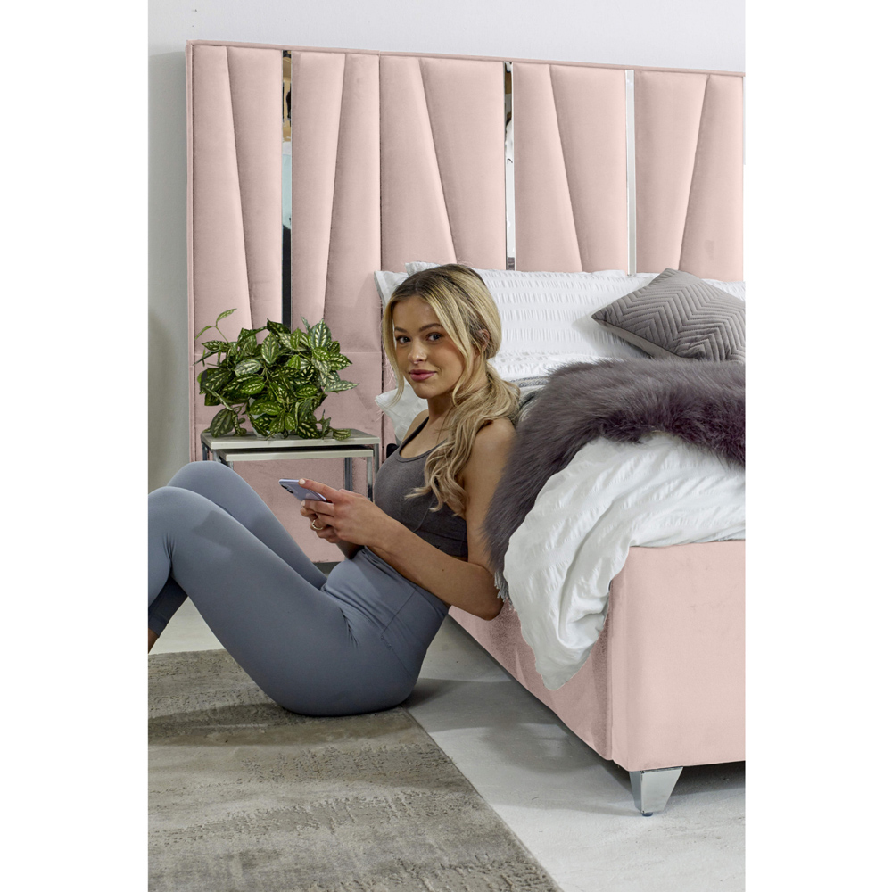 Eleganza Mila Double Pink Plush Velvet Bed Frame with Lined Headboard Image 3