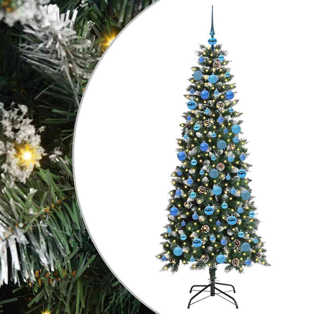 vidaXL Pre-Lit Blue Baubles Green Artificial Snow Tipped Christmas Tree 6ft Image 2