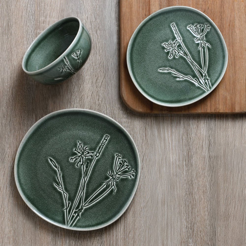 12 Piece Sage Embossed Decal Dinner Set - Green Image 3