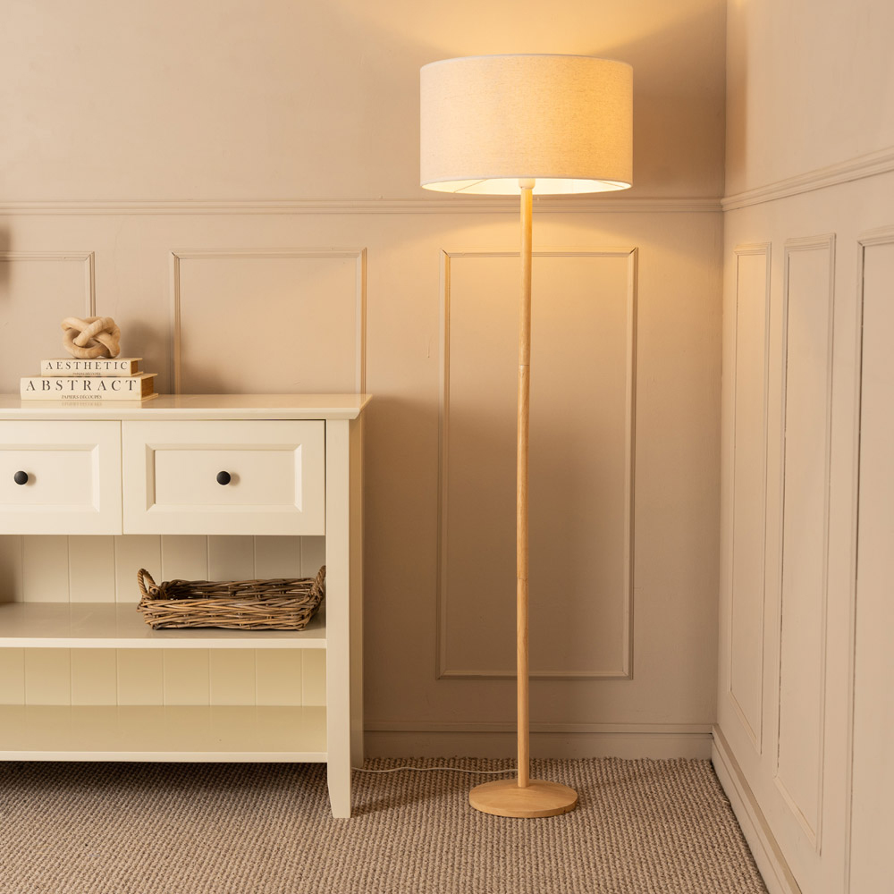 ValueLights Triston White Edge Drum Shade Light Wood LED Floor Lamp Image 2