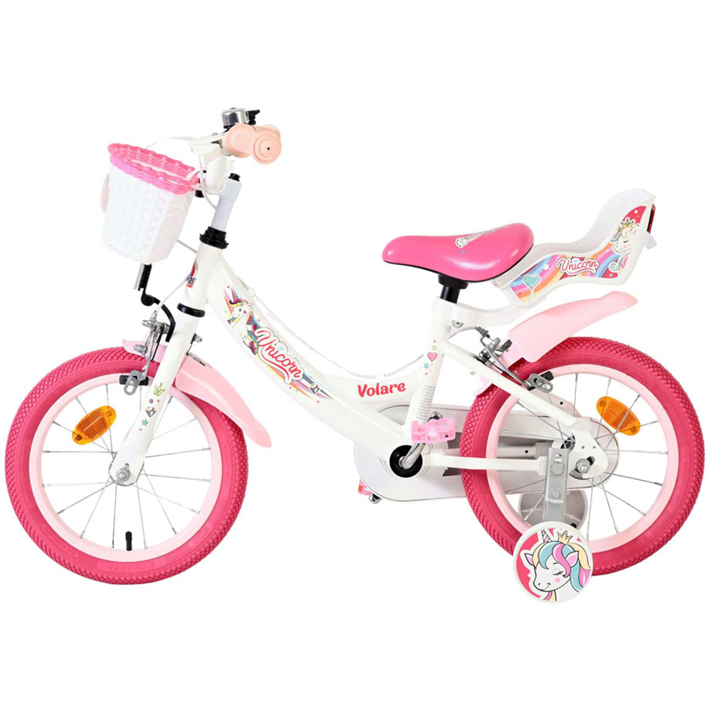 Volare Unicorn Kids 14 inch White and Pink Bike with Stabilisers Doll Seat and Basket Image 5