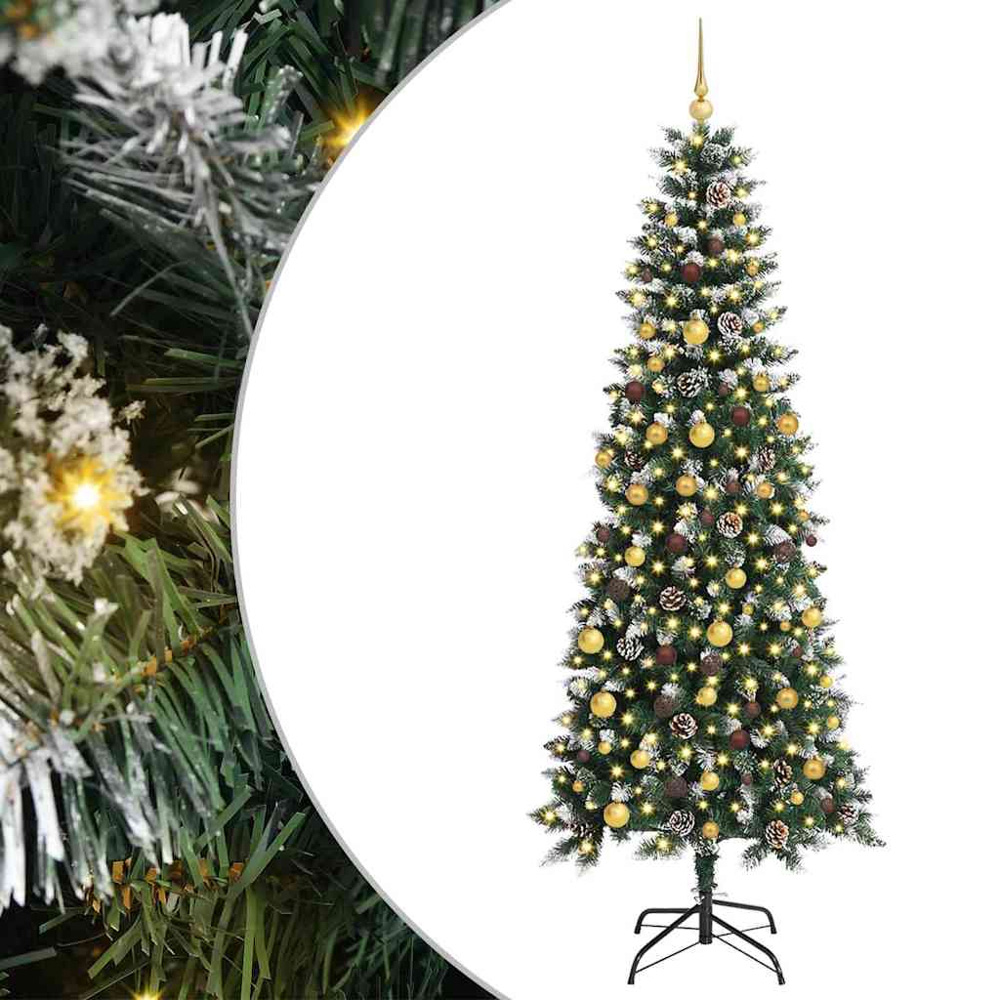 vidaXL Pre-Lit Gold and Bronze Baubles Green Artificial Snow Tipped Christmas Tree 7ft Image 2